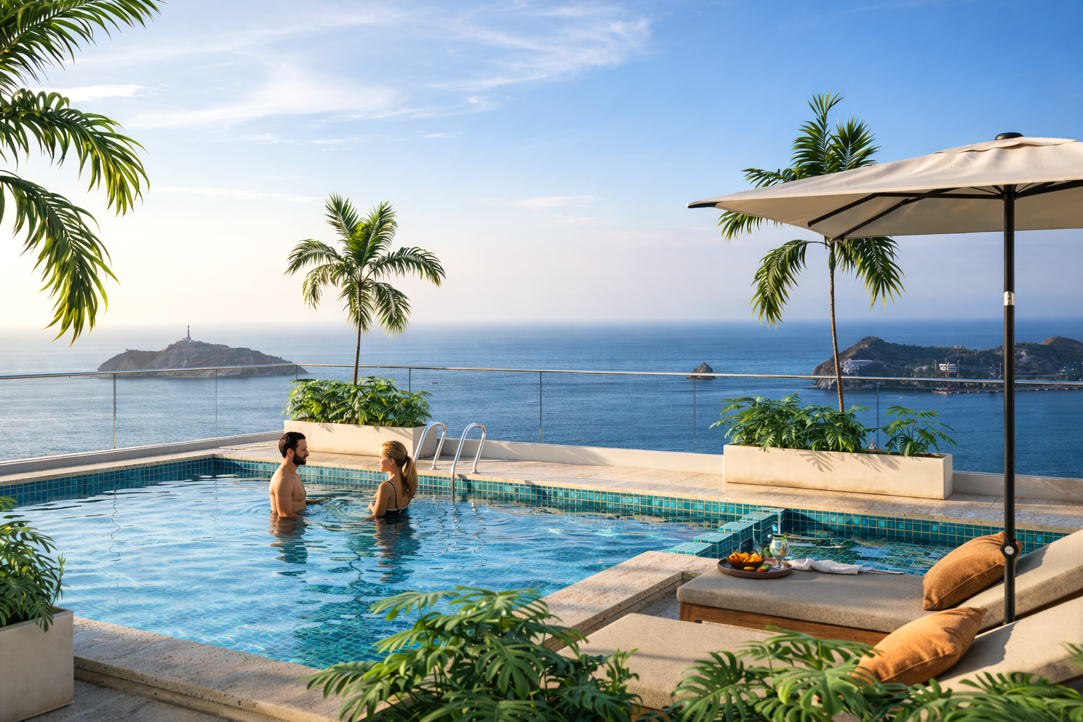 Piscina rooftop Arena Apartasuites de día con vista al Mar Caribe