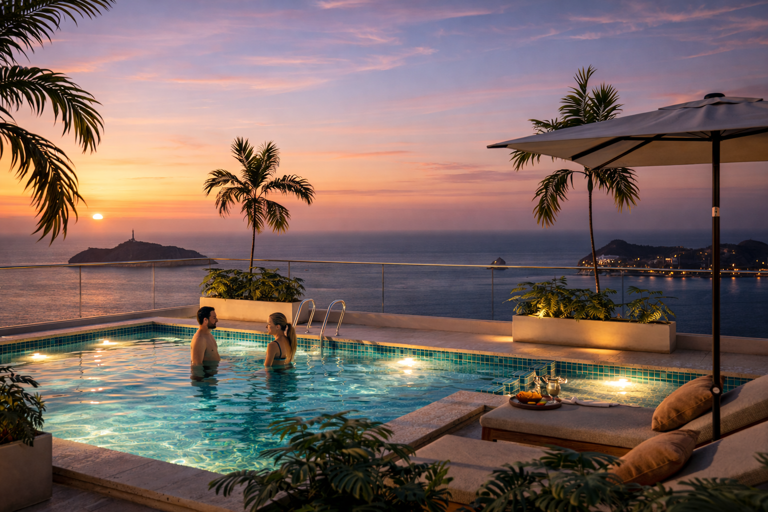 Piscina rooftop Arena Apartasuites al atardecer sobre Santa Marta