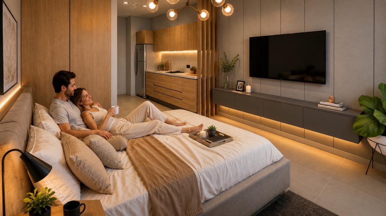 Suite Arena Apartasuites con cama king, cocina integrada y iluminación cálida